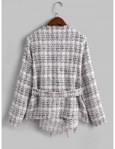  Frayed Belted Plaid Tweed Skirted Jacket - Multi-a L