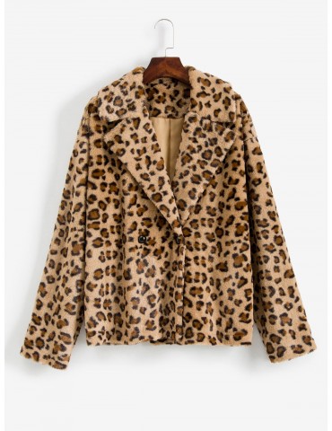  Leopard Print Drop Shoulder Fuzzy Teddy Coat - Multi S