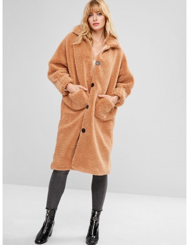  Fluffy Textured Faux Shearling Winter Coat - Brown S