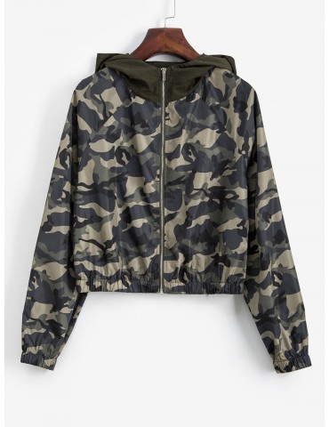  Camouflage Zip Up Crop Hooded Jacket - Camouflage Green M