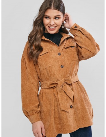  Buttoned Pockets Solid Belted Corduroy Coat - Tan M