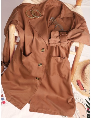  Button Up Dual Pockets Solid Coat - Chestnut M