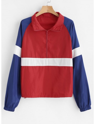 Zipped Color Block Lightweight Pullover Jacket - Red L