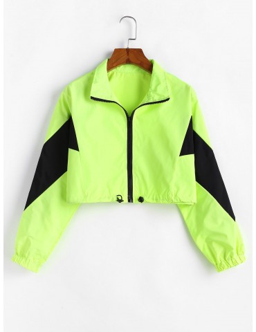 Zip Front Neon Lime Cropped Windbreaker Jacket - Green M