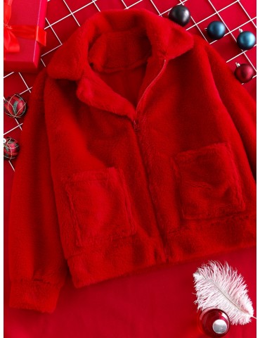  Christmas Faux Fur Zip Up Pocket Coat - Lava Red M