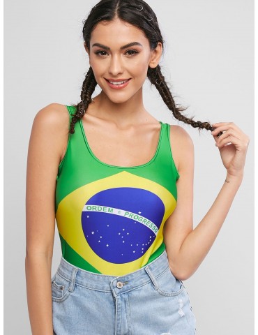 U Neck Sleeveless Brazilian Flag Bodysuit - Green Snake
