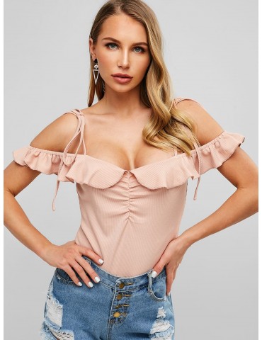  Ruched Ribbed Cami Bodysuit - Deep Peach S