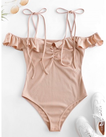  Ruched Ribbed Cami Bodysuit - Deep Peach S