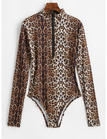 Half Zip Leopard Print Long Sleeves Bodysuit - Leopard L