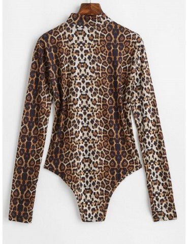 Half Zip Leopard Print Long Sleeves Bodysuit - Leopard L