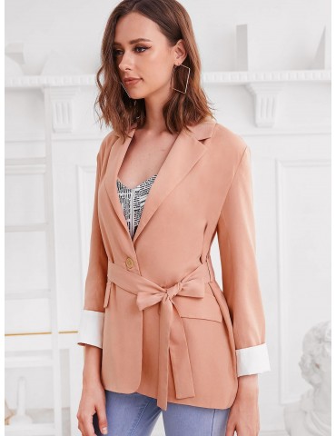  Faux Pockets One Buttoned Belted Cuffed Blazer - Orange Pink S