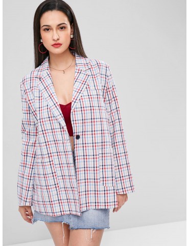 Gingham One Button Tunic Blazer - Multi-a S