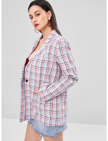 Gingham One Button Tunic Blazer - Multi-a S
