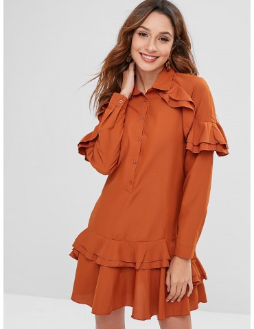  Ruffles Half Button Mini Dress - Bright Orange S