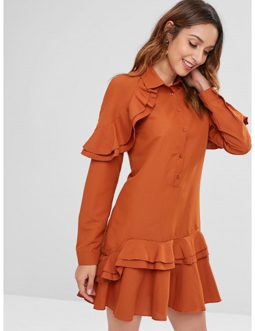  Ruffles Half Button Mini Dress - Bright Orange S