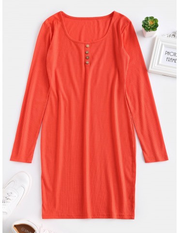  Fitted Long Sleeve Short Dress - Bright Orange L