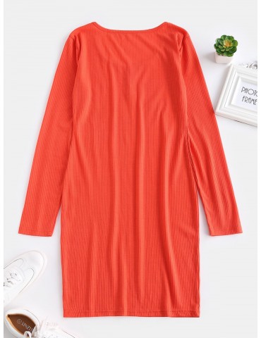  Fitted Long Sleeve Short Dress - Bright Orange L
