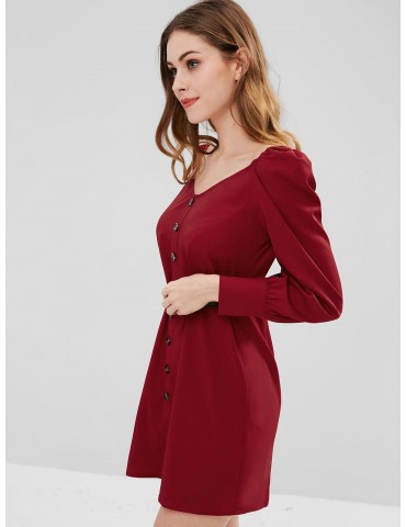 Buttons Embellished Mini Shift Dress - Red Wine L