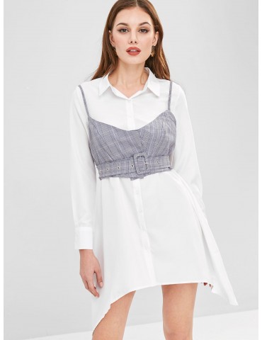  Plaid Cami Top Belted Asymmetric Dress - White Xl