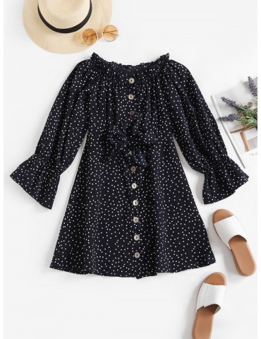 Button Up Tie Front Dotted Long Sleeve Dress - Dark Slate Blue S