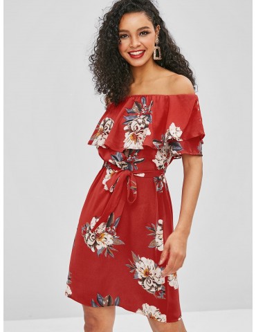  Floral Overlay Off Shoulder Dress - Red S