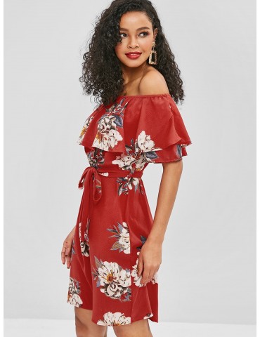  Floral Overlay Off Shoulder Dress - Red S