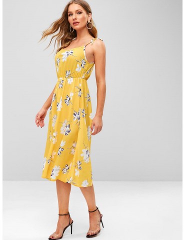  Cami Tied Straps Floral Dress - Bright Yellow S