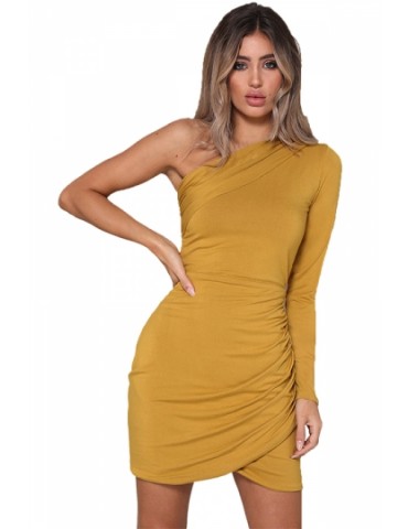 Beautiful One Shoulder Long Sleeve Pleated Plain Bodycon Mini Dress Yellow