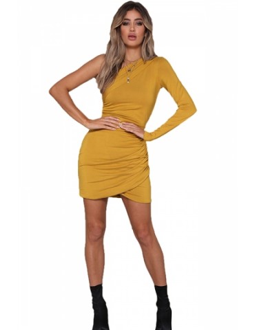 Beautiful One Shoulder Long Sleeve Pleated Plain Bodycon Mini Dress Yellow