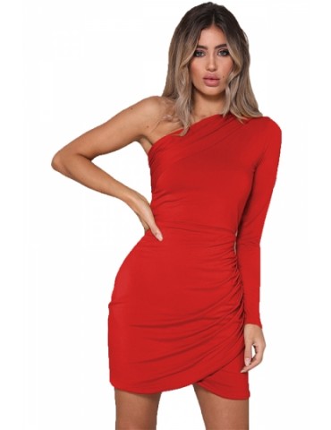 Beautiful One Shoulder Long Sleeve Pleated Plain Bodycon Mini Dress Red