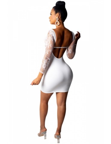 Beautiful Off Shoulder Long Sleeve Lace Sheer Plain Bodycon Mini Dress White