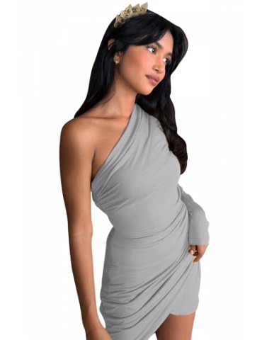 Beautiful One Shoulder Long Sleeve Pleated Plain Bodycon Mini Dress Gray