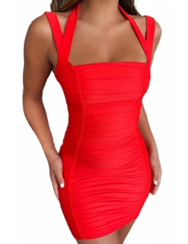 Beautiful Halter Backless Pleated Plain Bodycon Club Dress Red