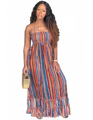 Beautiful Halter Color Striped Cut Out Ruffle Smocked Maxi Dress