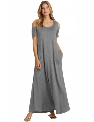 Cold Shoulder Short Sleeve Pocket Loose Plain Maxi Dress Light Grey