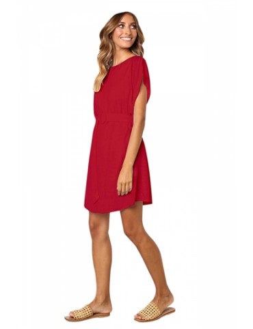 Crew Neck Short Sleeve Belted Cut Out Plain Midi Dress Red