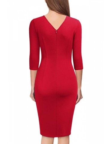 Beautiful V Neck 3/4 Sleeve Wrap Pleated Plain Bodycon Midi Dress Red