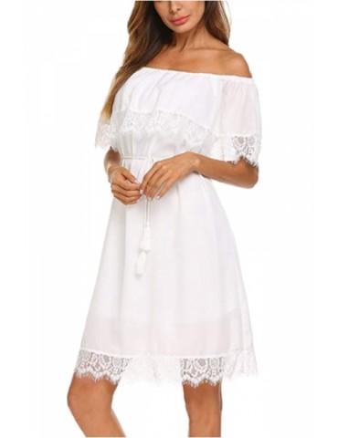 Beautiful Off Shoulder Ruffle Lace Hem Plain Midi Dress White
