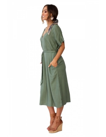 Casual V Neck Short Sleeve Tie Waist Split Plain Midi Dress Green