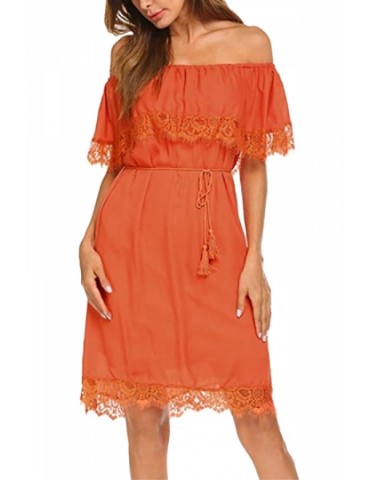 Beautiful Off Shoulder Ruffle Lace Hem Plain Midi Dress Orange