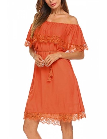Beautiful Off Shoulder Ruffle Lace Hem Plain Midi Dress Orange