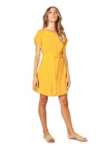 Crew Neck Short Sleeve Belted Cut Out Plain Midi Dress Yellow