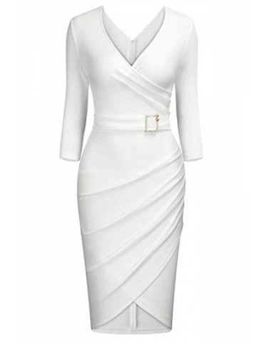Beautiful V Neck 3/4 Sleeve Wrap Pleated Plain Bodycon Midi Dress White