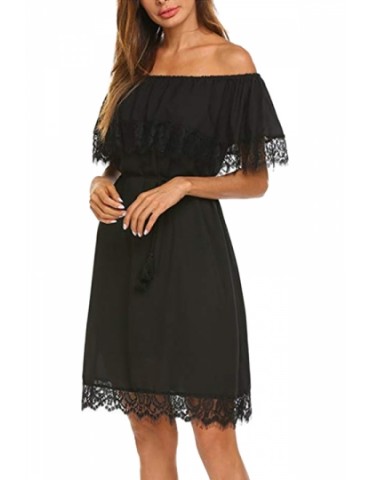 Beautiful Off Shoulder Ruffle Lace Hem Plain Midi Dress Black