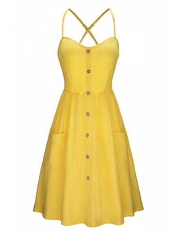 Button Front Criss Cross Pleated Pocket Plain Midi Dress Yellow