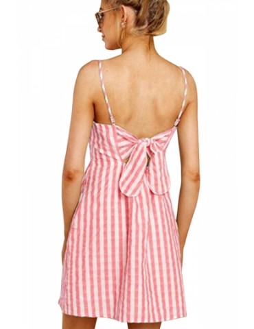 Button Front Pocket Striped Tie Backless Mini Slip Dress Red