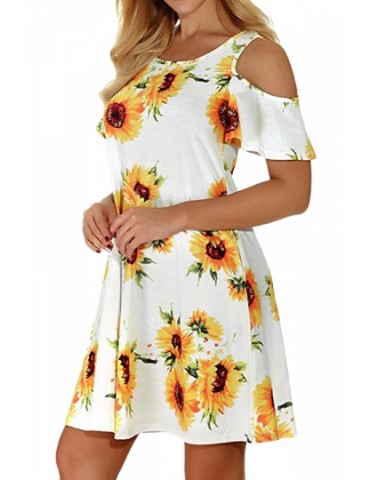 Crew Neck Cold Shoulder Pocket Sunflower Print Mini Dress White