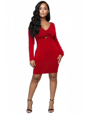 Beautiful Long Sleeve V Neck Tie Front Plain Bodycon Mini Dress Red
