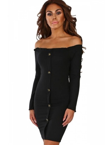 Beautiful Off Shoulder Long Sleeve Button Down Bodycon Mini Dress Black