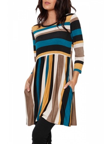 3/4 Sleeve Side Pocket Colorful Striped Loose Mini Dress Blue